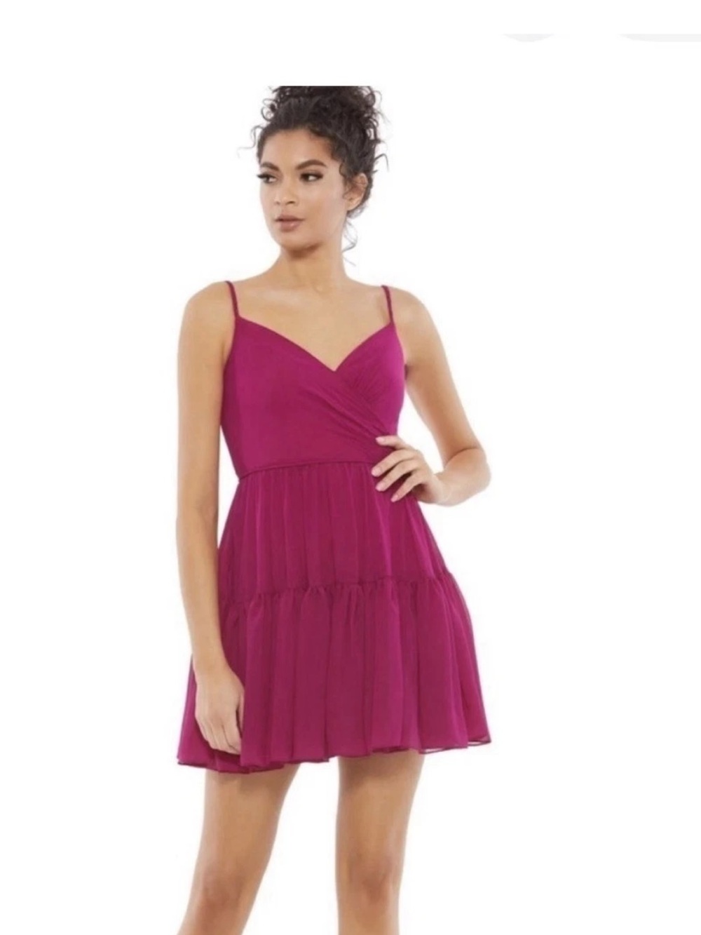 Mac-Duggal💗Women’s Spaghetti Strap Tiered Mini Dress in Magenta